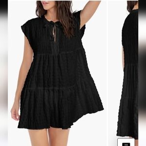 Robin Piccone Fiona Flouncy Tiered Black Cover Up Dress size L Tie Front